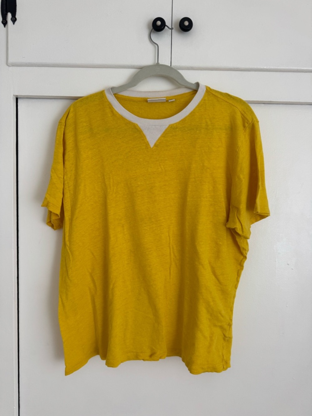 Clare V. Yellow Short-Sleeve Linen Tee with Cream Trim